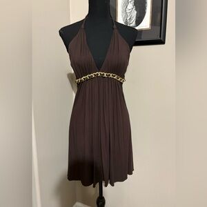 Sky Brown Strapless Dress with Gold Chain Accent